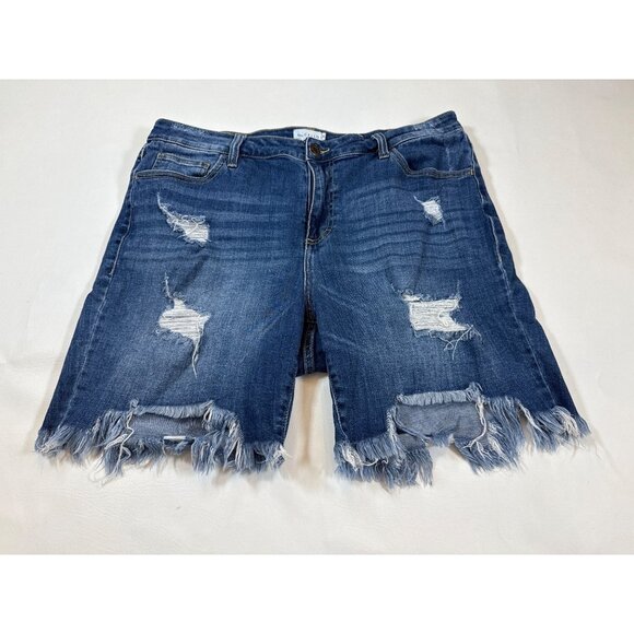Ms. Cello Pants - Ms. Cello 1X Distressed Denim Shorts With Frayed Hem & Pockets (HH235)